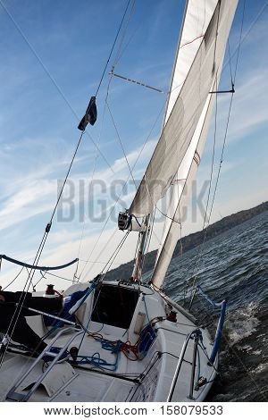 Kiev, Ukraine - September 30, 2016: Sailing yacht training day. Day before race on the Kiev reservoir or pond