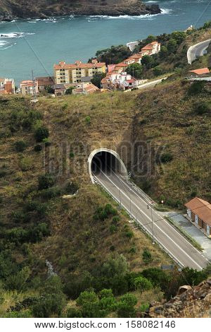 Aerial view tunnel of Portbou in Girona Costa Brava Spain