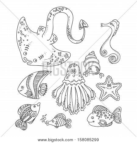 Set of cute doodle sea creatures. Vector illustration. Clipart for coloring.