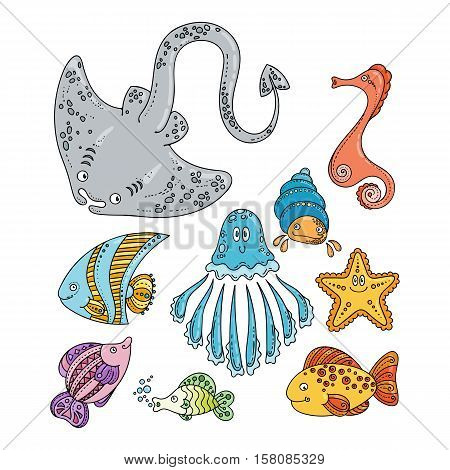 Set of cute doodle sea creatures. Vector illustration.
