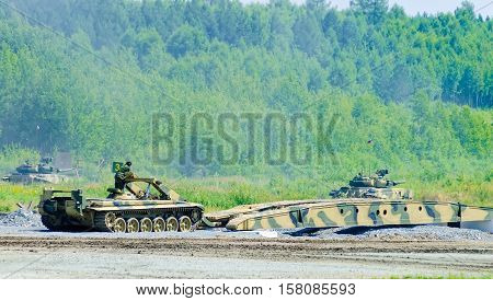 Nizhniy Tagil, Russia - July 12. 2008: MTU-72 bridge layer to transport and lay thread bridges over obstacles. Display of military equipment of land forces. RAE exhibition