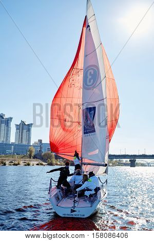 Kiev, Ukraine - September 30, 2016: Sailing yacht training day. Day before race on the Kiev reservoir or pond