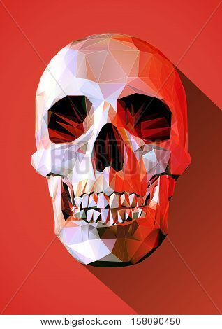 Low poly skull in front view with long shadow on red scary mood