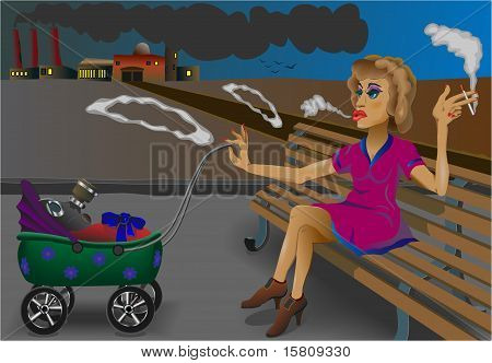 mère fumeuse et un bébé sur le fond de la plante.