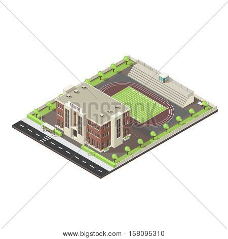 Isometric layout of school with stadium green trees and lawn road infrastructure on white background vector illustration