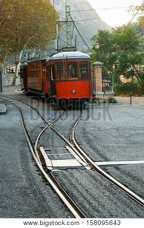 Classic wood tram train of Puerto de Soller in Mallorca