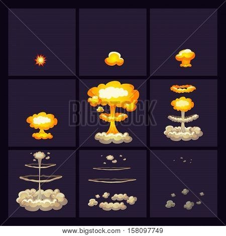 Explosion effects at various stages icons set with circles of smoke on dark background isolated vector illustration