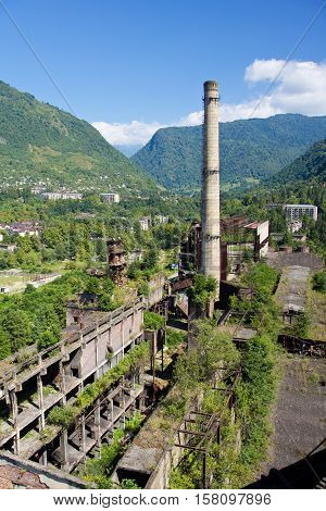 View from the tube of abandoned Tkvarcheli power plant, Abkhazia, Georgia
