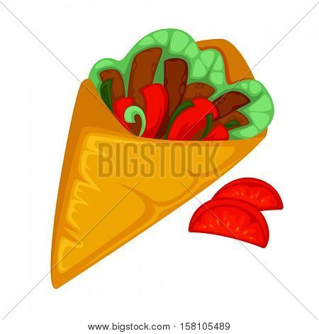 Burrito roll, shawarma or gyros pita. Fast food of mexican, turkish or arabian cuisine vegetable, salad and meat of a doner kebab in wrap. Icon in flat style. Vector illustration 