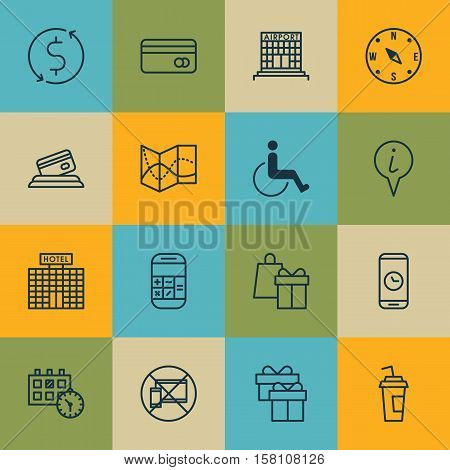 Set Of Traveling Icons On Plastic Card, Locate And Present Topics. Editable Vector Illustration. Inc
