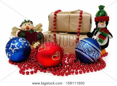 gift with toys wrapping from Kraft paper wrapped with twine, the concept of handmade, isolated on white background