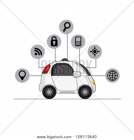 autonomous car vehicle with navigation icons around over white background. ecology,  smart and techonology concept. vector illustration