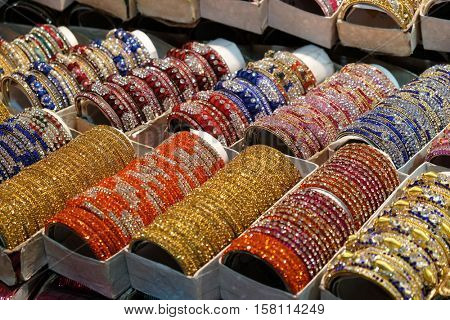 KOLKATA, INDIA - FEBRUARY 10: Traditional Indian bangles with different colors and patterns, Pushkar, India on February 10, 2016.