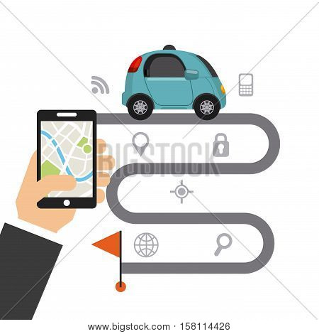 autonomous car with race circuit and red flag and hand holding a smartphone with a map. smart and techonology concept. vector illustration