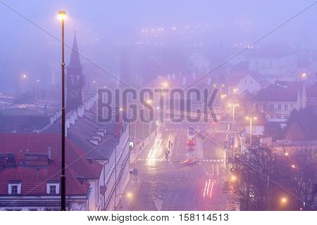 Prague, Czechia - November, 21, 2016: panorama of a historical center of Prague, Czechia, in a fog
