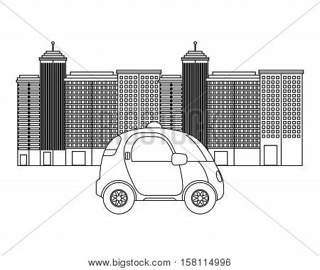 silhouette of autonomous car vehicle with wireless waves over city background. ecology,  smart and techonology concept.  vector illustration