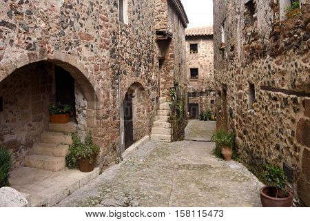 Streets in the medieval village of Santa Pau Garrotxa Girona province Catalonia Spain