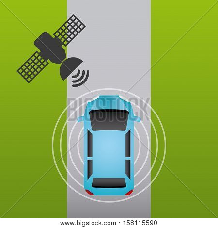 autonomous car vehicle with wireless waves and satellite icon over white street. ecology,  smart and techonology concept. top view. vector illustration