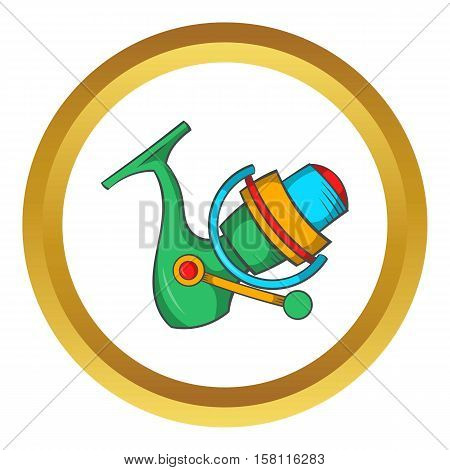 Reel on rod vector icon in golden circle, cartoon style isolated on white background