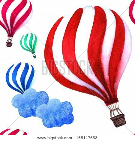 Watercolor hot air balloon. Hot air balloon in the sky with cloud background. Watercolor back to school card with air balloon and clouds.
