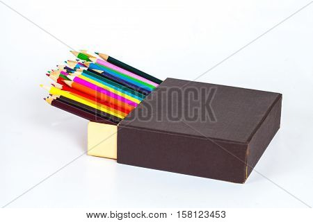 Open Box And Color Pancil Isolated On A White Background