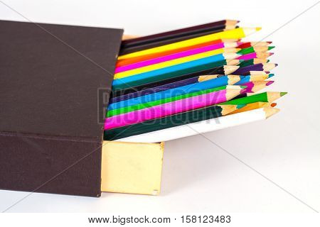 Open Box And Color Pancil Isolated On A White Background
