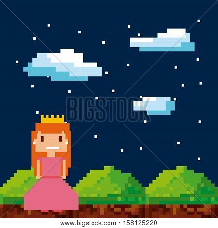 pixel princess character over night landscape. videogame interface concept. colorful design. vector illustration