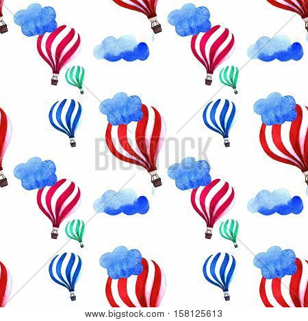 Hot air balloons in the clouds background. Vintage watercolor hot air balloon background - greeting card design.