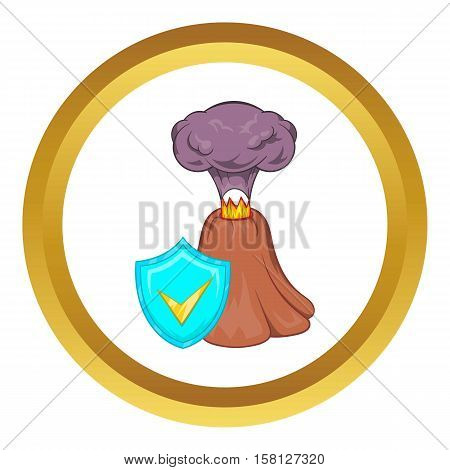 Volcano erruption and sky blue shield with tick vector icon in golden circle, cartoon style isolated on white background