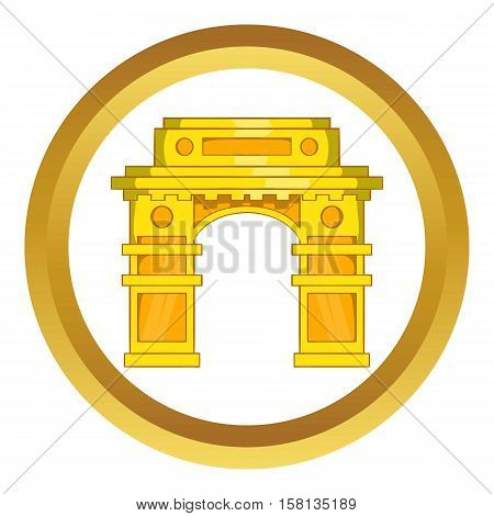 India Gate, New Delhi vector icon in golden circle, cartoon style isolated on white background