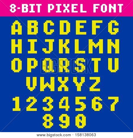 Retro video game pixel letters and numbers font, digital alphabet, type. Pixel alphabet type, numeral and latin letters pixel illustration