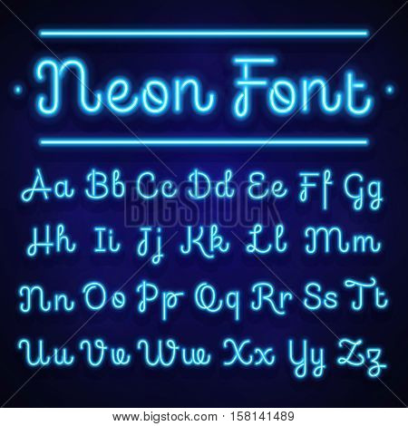 Glowing neon calligraphic letters on dark. Vector alphabet signs. Neon alphabet handwritten font, illustration of light alphabet glow