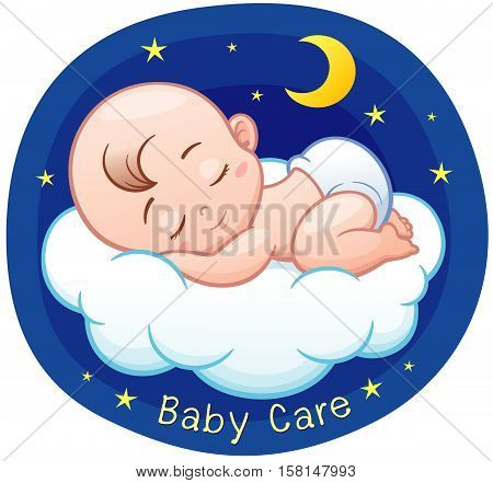 Vector Illustration of Cartoon Baby sleeping on a cloud