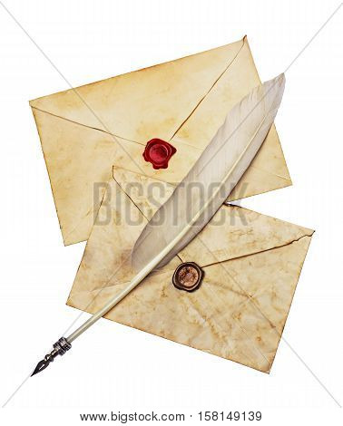 Two Old Envelopes With Red And Brown Seal Wax And Feather Pen