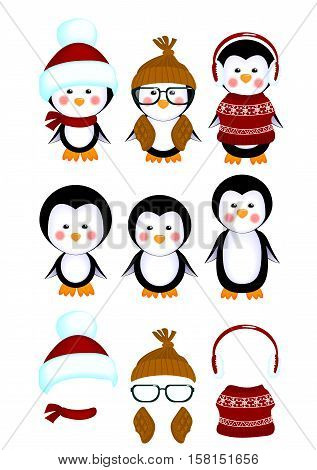 vector illustration of a cute little penguins in clothes and without clothes kids isolated on white background decorations for children holiday invitations cards christmas xmas