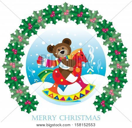 Christmas greeting card with teddy bear sitting on a rocking horse