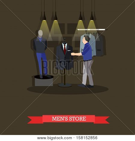 Vector illustration of fashion mens store interior in flat style. Man is going to do shopping. Mannequin in casual clothes.