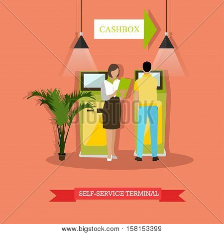 Vector illustration of people standing near self-service terminal. Man is carrying out operations with terminal, woman is holding dokuments. Banking and finance concept design element in flat style