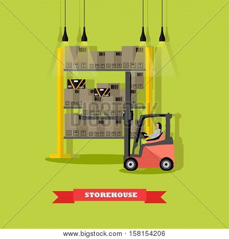 Vector illustration of distribution, removal of goods from warehouse by forklift. Logistics transportation, storage concept design element in flat style.