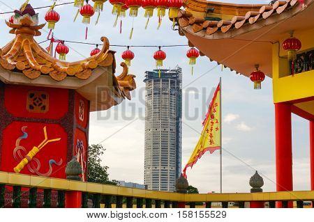 GEORGETOWN MALAYSIA - JANUARY 18 2016: closeup view of Hean Boo Thean Kuanyin Chinese Buddhist temple in Clan Jetties. Built on stilts over the harbor of George Town