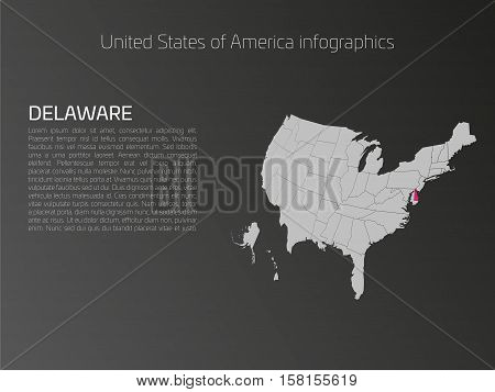 United States of America, aka USA or US, map infographics template. 3D perspective dark theme with pink highlighted Delaware, state name and text area on the left side.