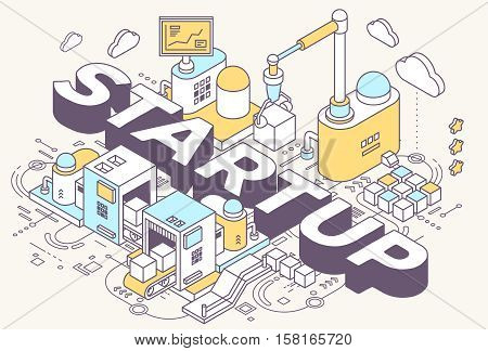 Vector Illustration Of Word Startup And Three Dimensional Mechanism With Conveyor, Robotic Hand On L
