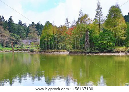 Beautiful lake scenery with colorful trees and bridge in autumn