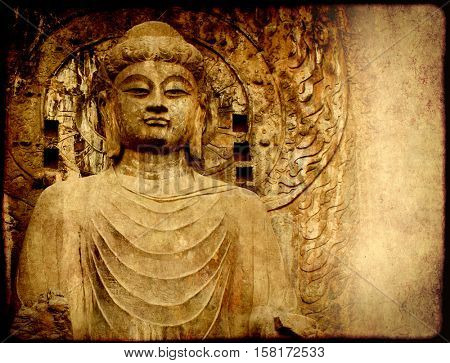 Grunge background with old paper texture and Buddha's statue, Longmen Grottoes, Luoyang, China