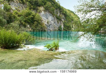 Turquoise transparent waters of Gavanovac lake among green trees and high white rocks in summer. Plitvice lakes national park Croatia