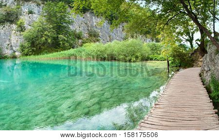 Transparent turquoise waters of Gavanovac lake among green trees and high white rocks in summer. Plitvice lakes national park Croatia