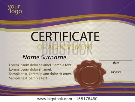 Certificate or diploma template purple with wax seal. Award winner. Winning the competition. Vector illustration.