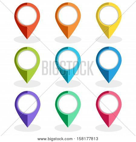 Vector illustration. Set of multi-colored map pointers. GPS location symbol. Flat design style. Collection of blank markers for your targets signs and icons.