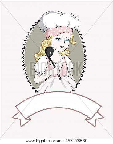 girl the chef in a cook hat and with a serving spoon frame