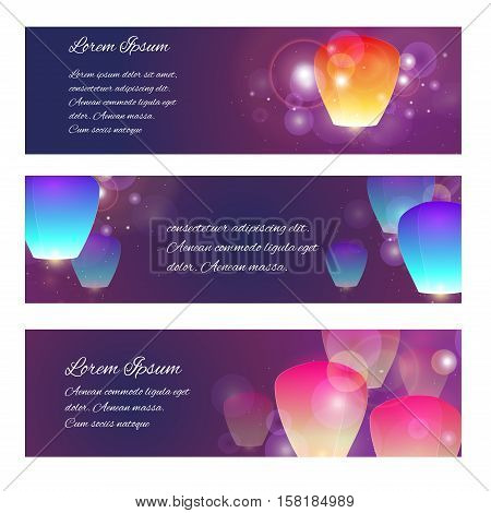 Set of horizontal banners with sky lanterns sequins and place for text. Vector element for your design